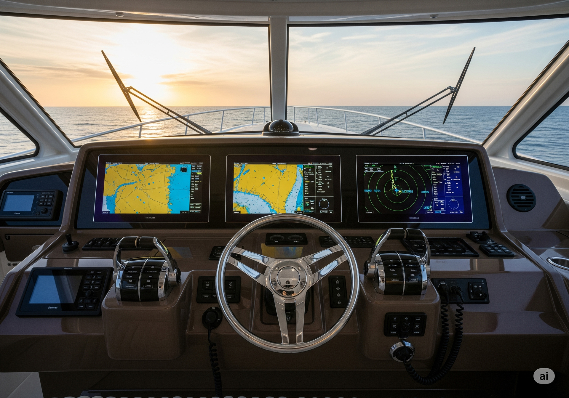 The helm of a modern sportfishing boat